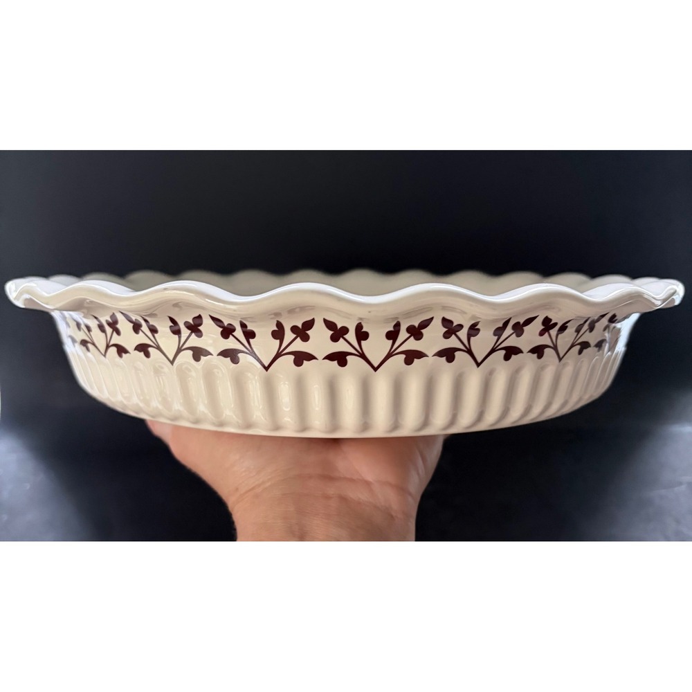 Paula Deen Cream Stoneware 9 Inch Pie Dish Scalloped Fluted Rim Burgundy Floral